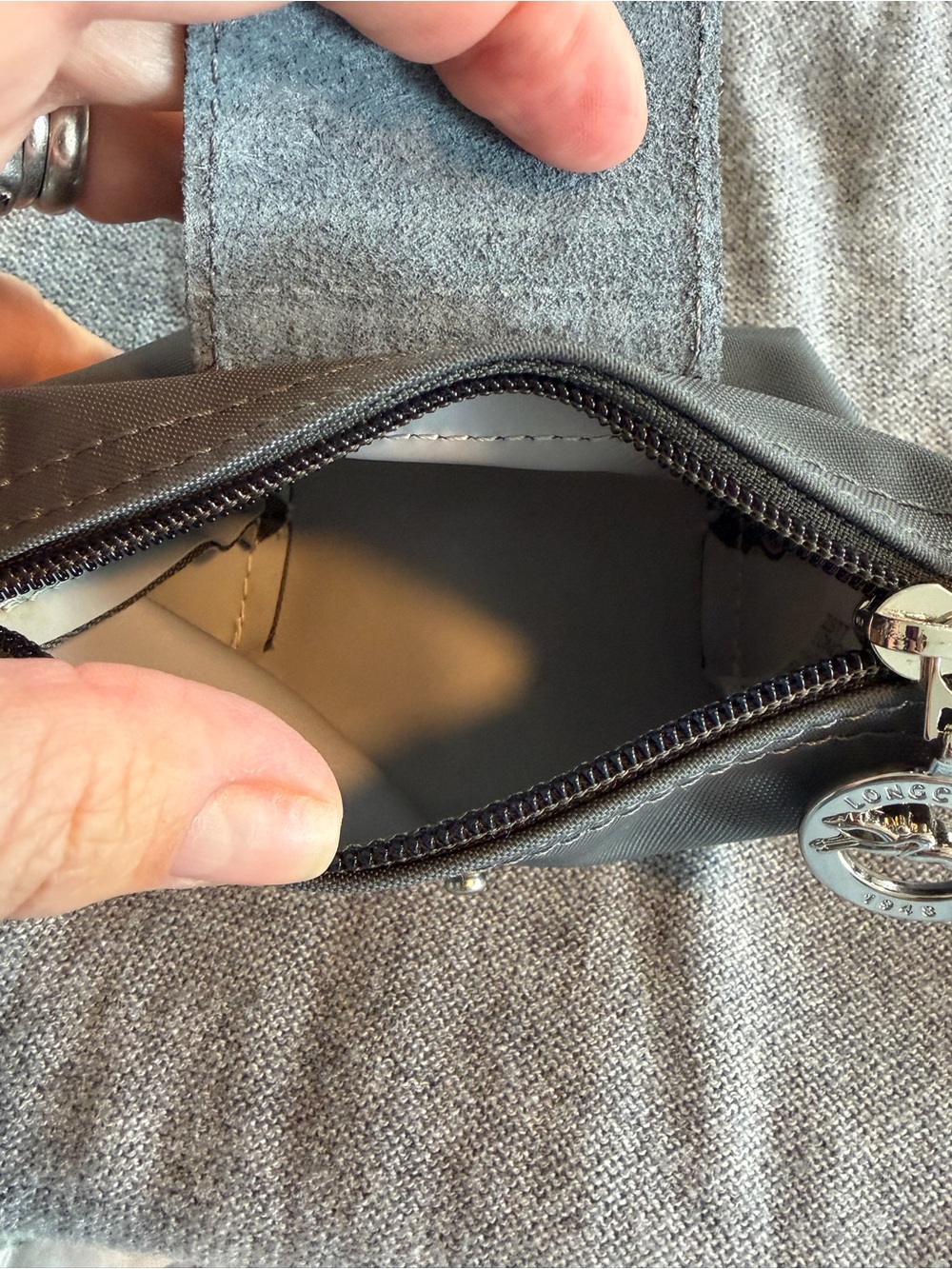 Longchamp Mini Pouch in Charcoal with Neon Yellow Trim - Picture 2 of 5